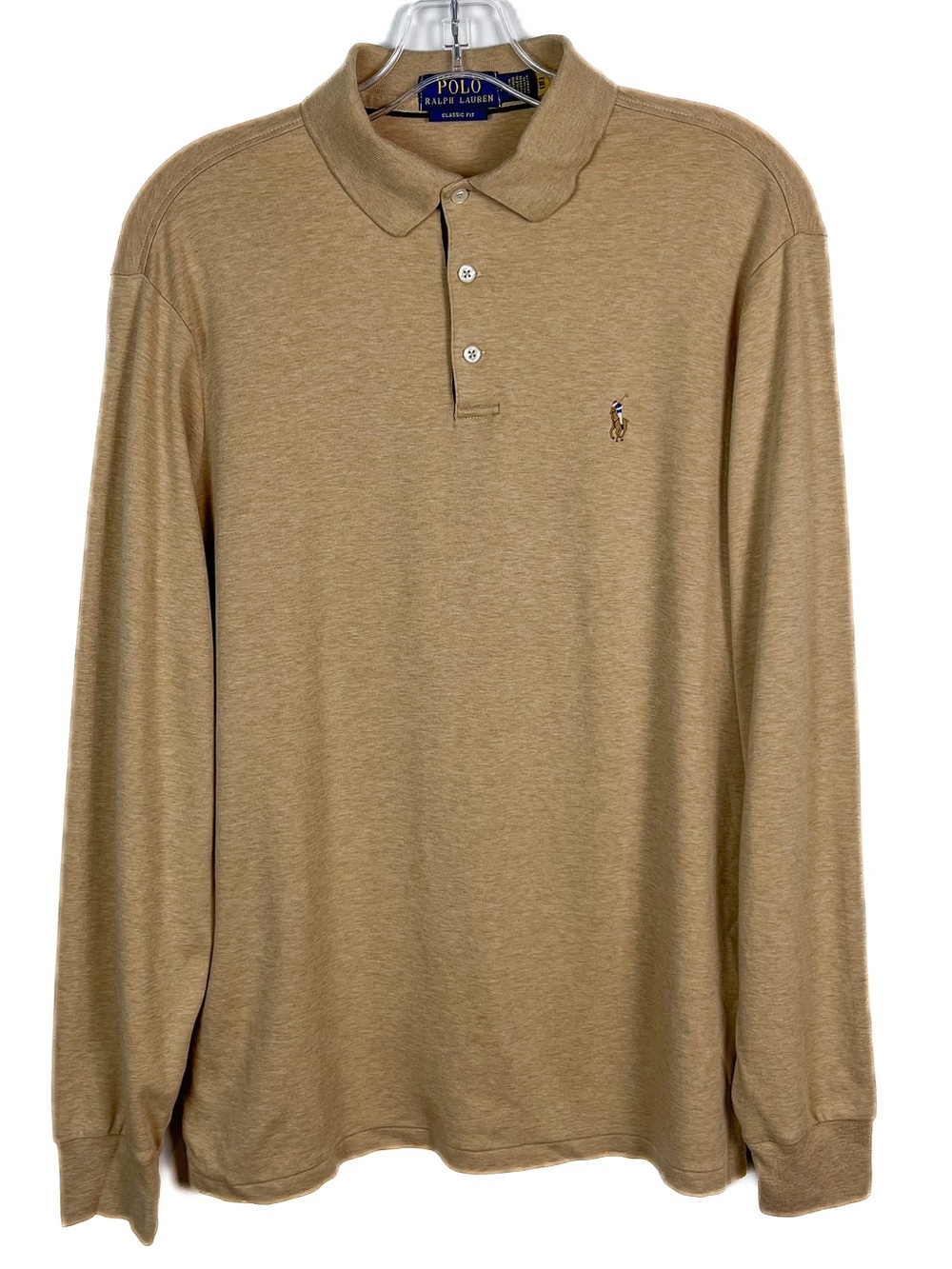Polo Ralph Lauren Long Sleeve Polo Shirt Mens Medium Classic Fit Tan EUC